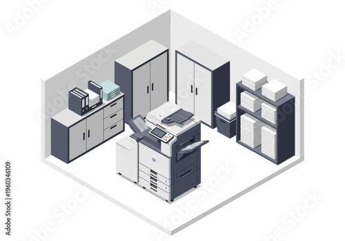 Isometric view of a modern office space with copier, storage cabinets, and shelves