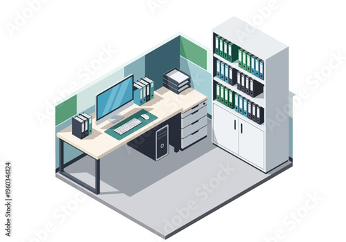 Isometric office workstation with computer, desk, chair, and bookshelf filled with binders