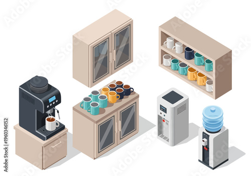 Isometric office break room essentials coffee maker, water cooler, and cabinet storage with mugs