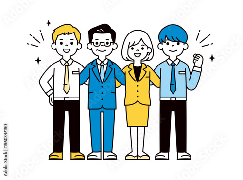 チームで団結して頑張る、社長・経営者・男性社員・女性社員の全身ベクターイラスト素材