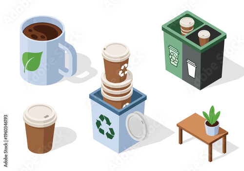 Eco-friendly coffee cup disposal and recycling concept with isometric design elements