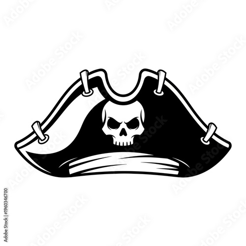Vintage pirate tricorne hat with skull emblem black and white vector icon illustration