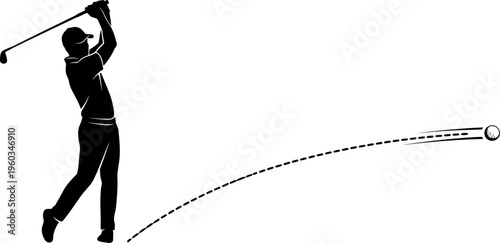 Male golfer silhouette following through with ball flight path