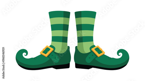 Leprechaun or christmas elf boots featuring green pointed shoes with gold buckles and lime green striped stockings on white background.