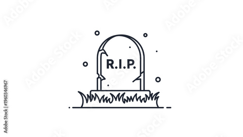 Simple line art illustration of a cracked stone tombstone with the inscription rip standing in a small patch of grass under bubbles.