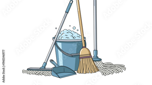 Array of cleaning equipment including a bucket filled with sudsy water, two types of mops, a classic broom, and a blue dustpan.