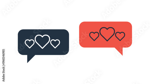 Two speech bubbles one in dark grey and one in coral pink each containing three outlines of hearts representing love and messaging.