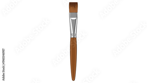 Professional artist paint brush with brown bristles and a wooden handle shown vertically in a clean studio illustration on white background.