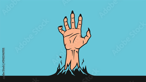 Creepy hand with long black claws rising from the dark earth against a solid light blue background representing a zombie or monster.