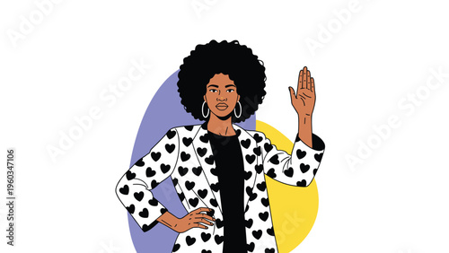 Empowerment illustration of a Black woman with an afro wearing a heart-print blazer and raising her hand in a gesture of authority.