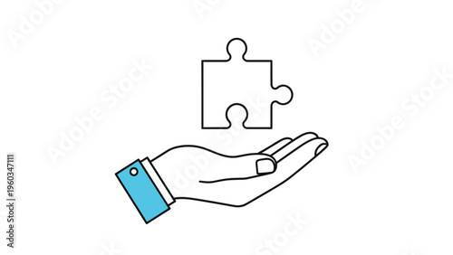 Simple line icon of a hand holding a single jigsaw puzzle piece represents problem-solving and finding the right solution or fit.