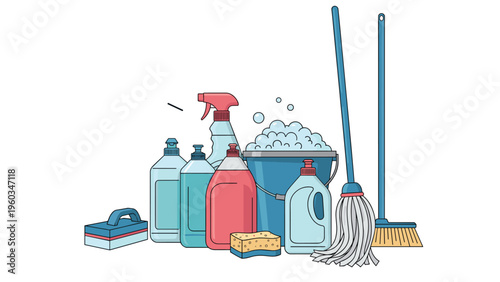 Complete set of household cleaning supplies including mops, brooms, sponges, and various detergent bottles for home maintenance tasks.