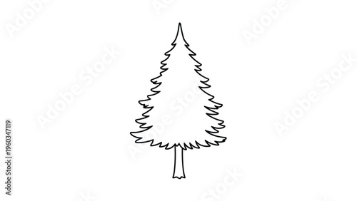 Minimalist black outline of a classic evergreen fir tree is isolated on a white background for winter and holiday-themed design work.