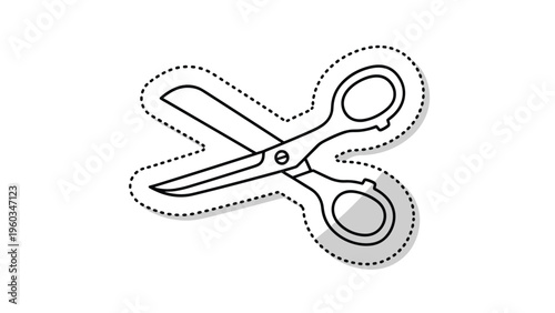 Pair of scissors icon is shown with a dashed cutting line around it to represent a sticker or a craft project in a simple outline.