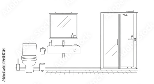 Bathroom Layout Sketch - Toilet, Sink, Mirror, and Shower Stall.