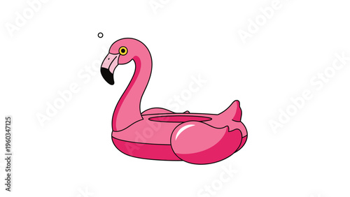 Fun inflatable pink flamingo pool floaty with a black beak and yellow eye is isolated on a white background for summer vacation themes.