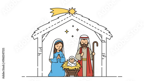 Traditional nativity scene illustration depicts Mary, Joseph, and baby Jesus in a stable under the guiding star of Bethlehem at night.