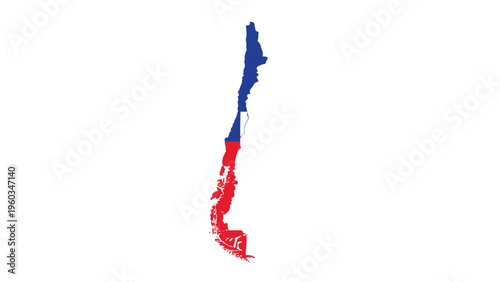 Map of the country of Chile is filled with the vibrant colors and star design of its national flag on a clean white background.