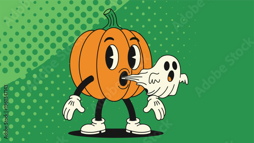 Playful vintage style illustration of a large pumpkin character blowing out a tiny ghost friend on a green halftone background.
