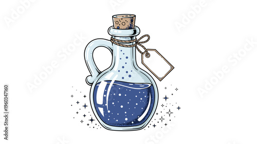 Intricate drawing of a corked glass bottle containing a magical blue potion with glowing stars and a blank label for a fantasy theme.