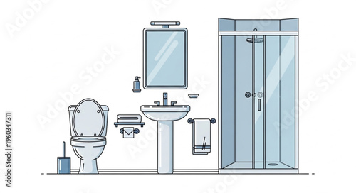 Bathroom Interior Design with Toilet, Sink, and Shower Cabin.