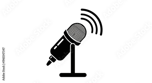 Microphone icon emitting sound waves. Black vector graphic symbol for audio recording, live broadcast, podcasting, voice communication, and speech.