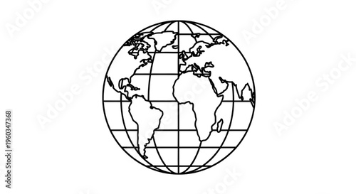 Minimalist earth globe icon vector illustration. Outline world map graphic with grid, global communication and international symbol.