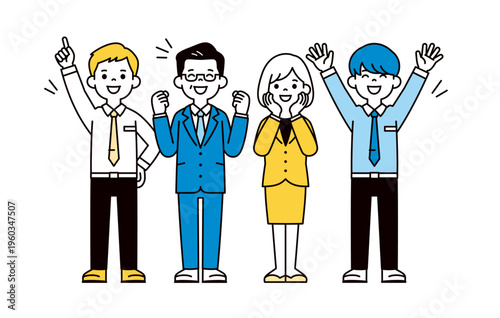 会社の社長・仲間・同僚たちと大喜びする、ビジネスパーソンの全身ベクターイラスト素材セット