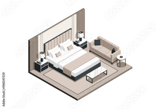 Isometric view of a luxurious bedroom with a comfortable bed, sofa, and coffee table