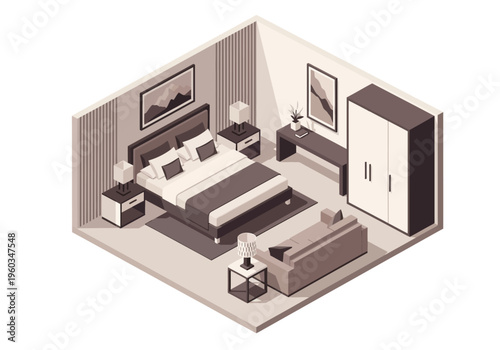 A modern isometric bedroom interior design featuring a comfortable bed, bedside tables, a dresser, and a small sofa