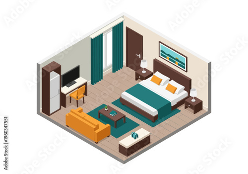 Cozy isometric hotel room illustration with a comfortable bed, seating area, and workspace