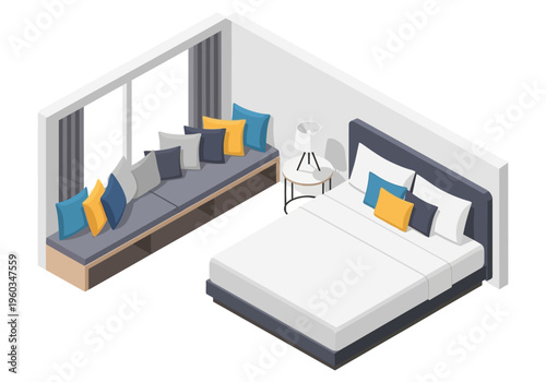 Comfortable Bedroom with Window Seat and Plush Pillows for Relaxation and Cozy Living