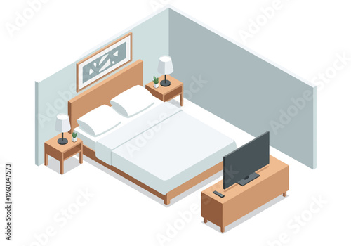 Cozy isometric bedroom interior design with a comfortable bed, nightstands, and television