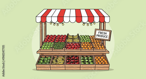 Vibrant Fresh Produce Market Stall Illustration with Assorted Fruits and Vegetables. Farmers Market Stand, Healthy Food.