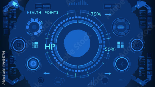 Futuristic heads up display showing health points and central targeting reticle