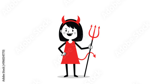 Cartoon girl in a red devil costume holding a pitchfork with horns and a tail isolated on a plain white background.