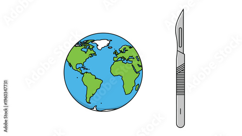 Illustration of the planet earth next to a medical scalpel suggesting surgery or environmental intervention on white background.