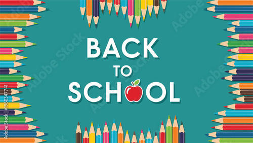Back to school text message surrounded by colorful pencils arranged in a frame on a solid green background with apple.