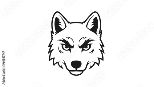 Powerful black and white wolf head illustration with sharp features and an intense gaze isolated on a white background.