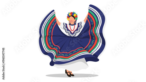 Woman in a traditional colorful mexican dress performing a folk dance with a large flowing skirt on white background.