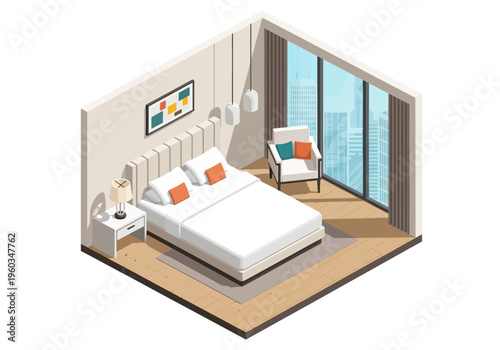 Cozy Isometric Bedroom with Modern Decor and City View