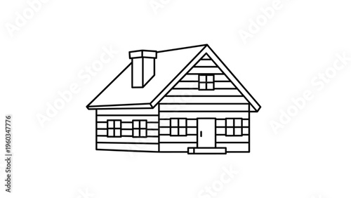 Simple black and white line art illustration of a cozy log cabin house with a chimney on white background.