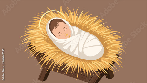 Baby jesus wrapped in a white cloth sleeping peacefully in a wooden manger filled with straw on a brown background.