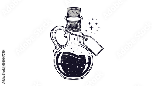 Detailed black and white engraving of a magic potion glass bottle with a cork and an empty tag on white background.