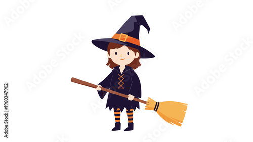 Cute little girl dressed in a witch costume with a purple hat and outfit holding a wooden broomstick for Halloween fun and magical play.