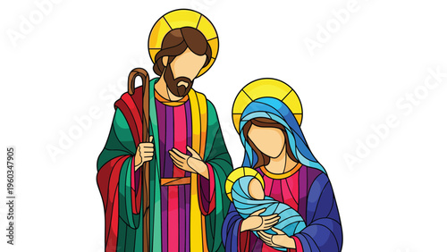Colorful stained glass style illustration depicting Mary, Joseph, and Baby Jesus in a traditional Nativity scene for a holy Christmas celebration.