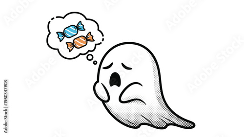 Sad cartoon ghost with a thinking bubble showing colorful candies representing longing for trick or treat sweets on a clean white background.