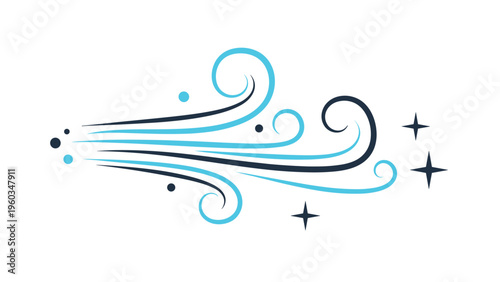 Stylized illustration of a gust of wind with blue and black swirling lines and star accents representing a cold winter breeze or flowing air.