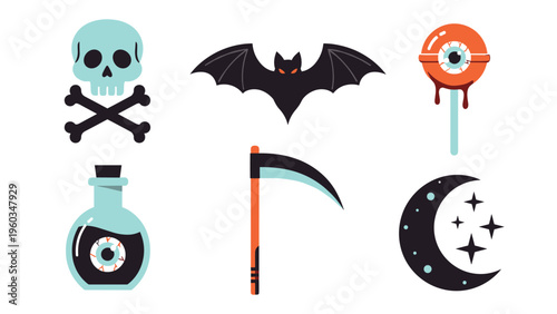 Set of Halloween icons including a skull with crossbones, a bat, an eyeball lollipop, a potion bottle, a scythe, and a glowing crescent moon.