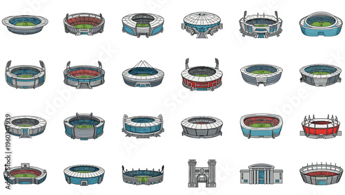 Large collection of diverse stadium and arena icons showing different architectural styles and seating arrangements for major sports events.